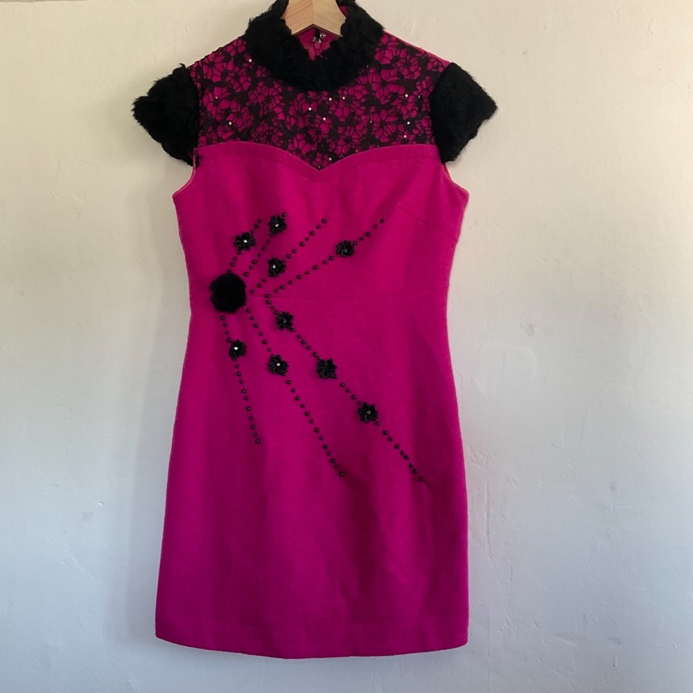 Vintage 90's Y2K Hot Pink Cocktail Dress Embellished Lace Glam Coquette Clueless